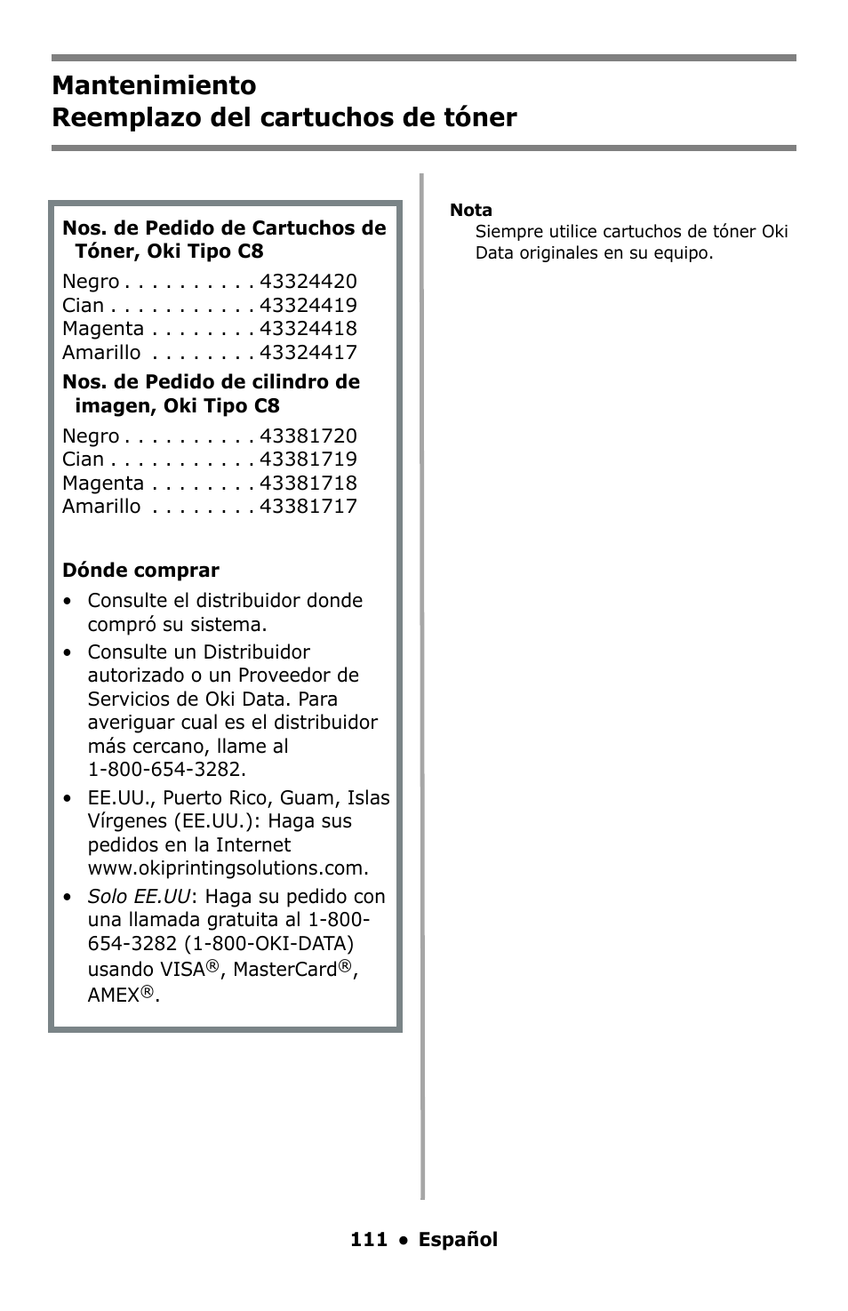 Mantenimiento, Reemplazo del cartuchos de tóner, Mantenimiento reemplazo del cartuchos de tóner | Oki C5550 MFP User Manual | Page 111 / 167