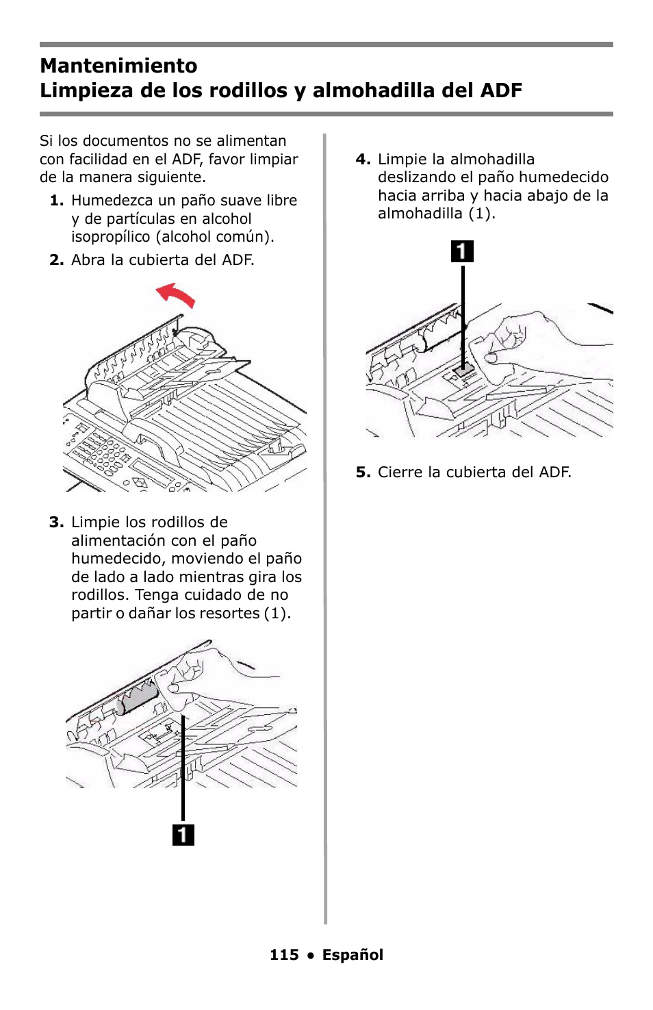 Limpieza de los rodillos y almohadilla del adf | Oki C5550 MFP User Manual | Page 115 / 167