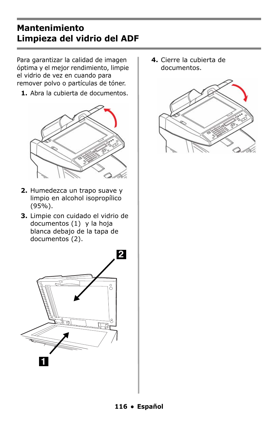 Limpieza del vidrio del adf, Mantenimiento limpieza del vidrio del adf | Oki C5550 MFP User Manual | Page 116 / 167