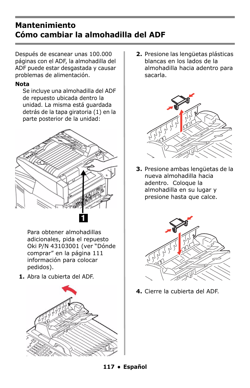 Cómo cambiar la almohadilla del adf, Mantenimiento cómo cambiar la almohadilla del adf | Oki C5550 MFP User Manual | Page 117 / 167