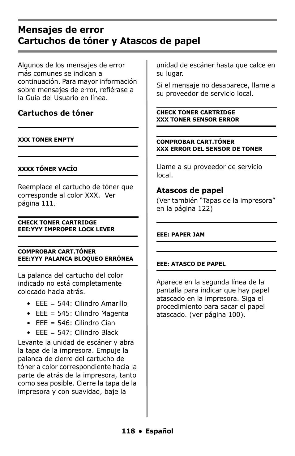 Mensajes de error | Oki C5550 MFP User Manual | Page 118 / 167