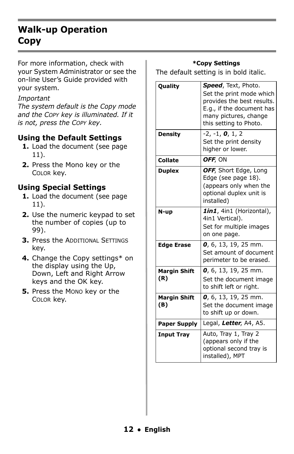 Copy, Walk-up operation copy | Oki C5550 MFP User Manual | Page 12 / 167