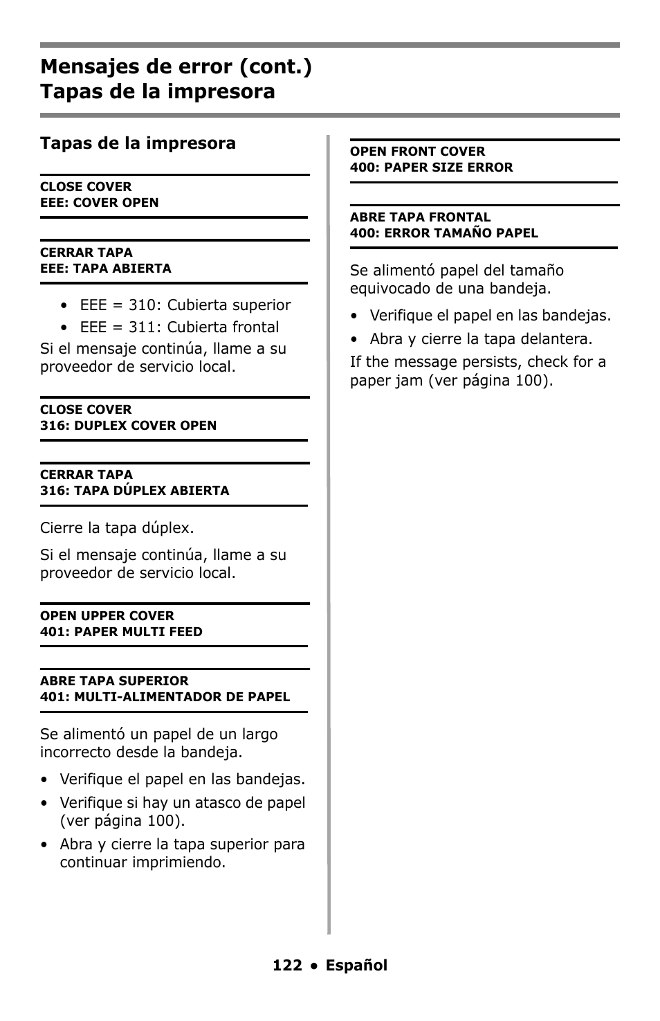Mensajes de error (cont.) tapas de la impresora | Oki C5550 MFP User Manual | Page 122 / 167