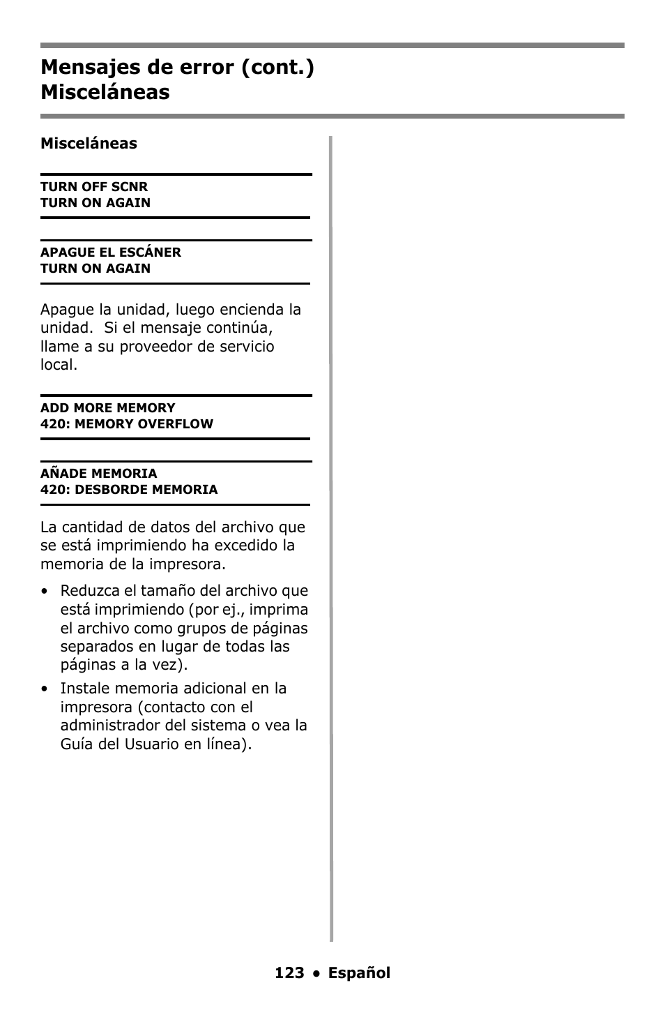 Mensajes de error (cont.) misceláneas | Oki C5550 MFP User Manual | Page 123 / 167