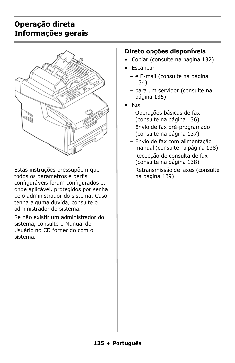 Português, Operação direta, Informações gerais | Operação direta informações gerais | Oki C5550 MFP User Manual | Page 125 / 167