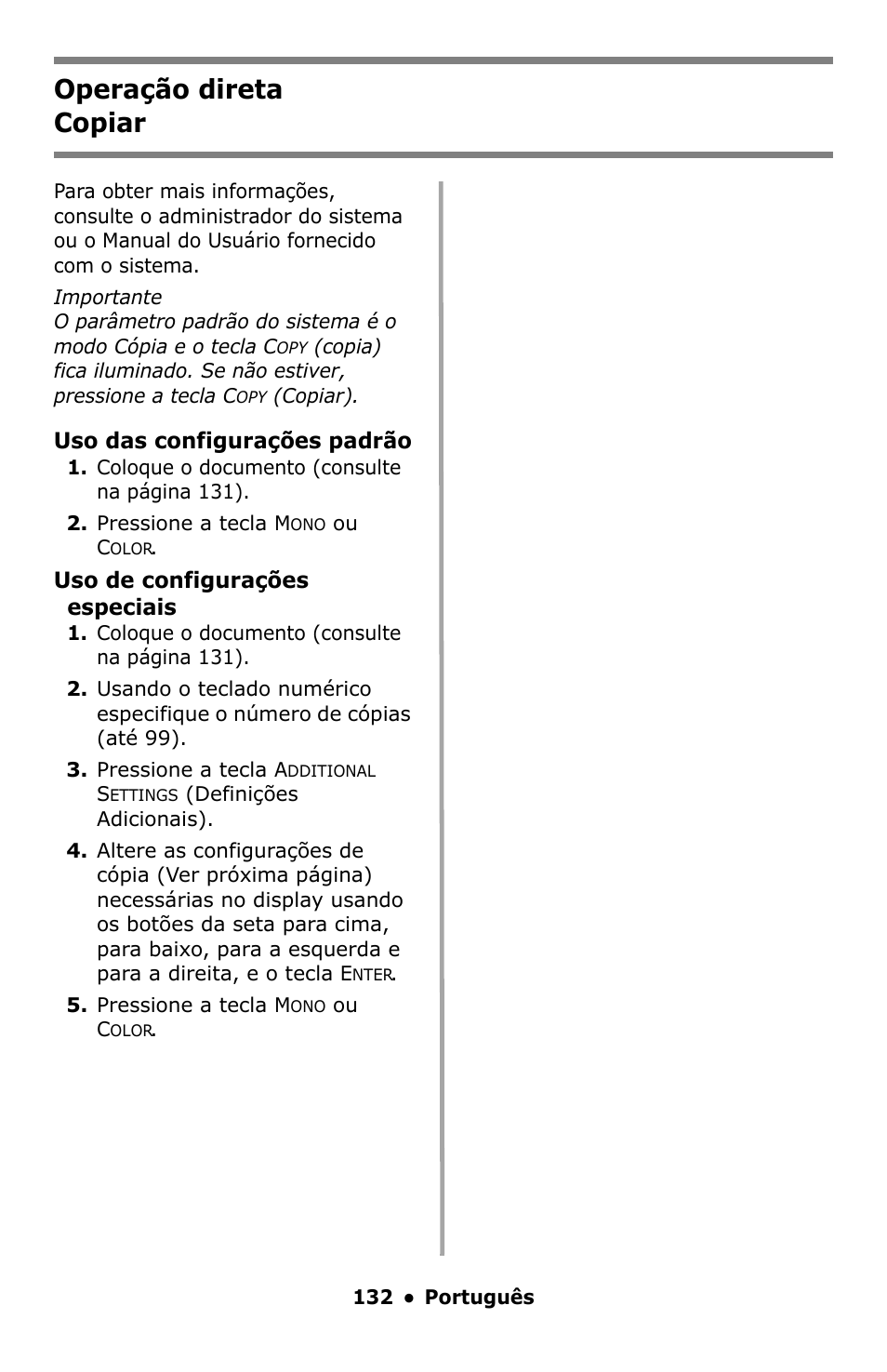 Copiar, Operação direta copiar | Oki C5550 MFP User Manual | Page 132 / 167