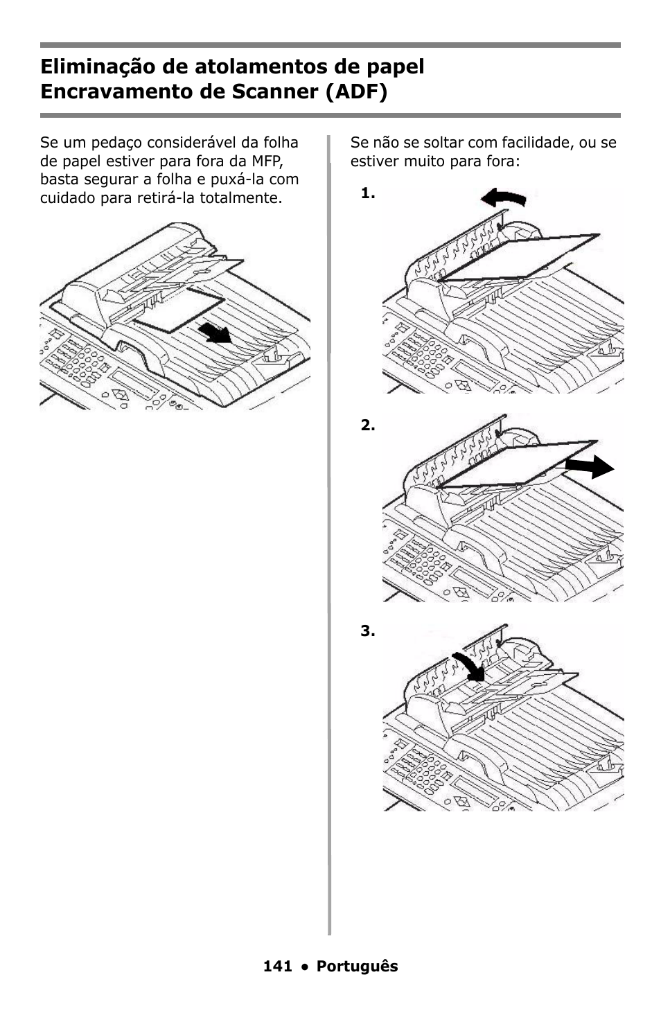 Eliminação de atolamentos de papel, Encravamento de scanner (adf) | Oki C5550 MFP User Manual | Page 141 / 167