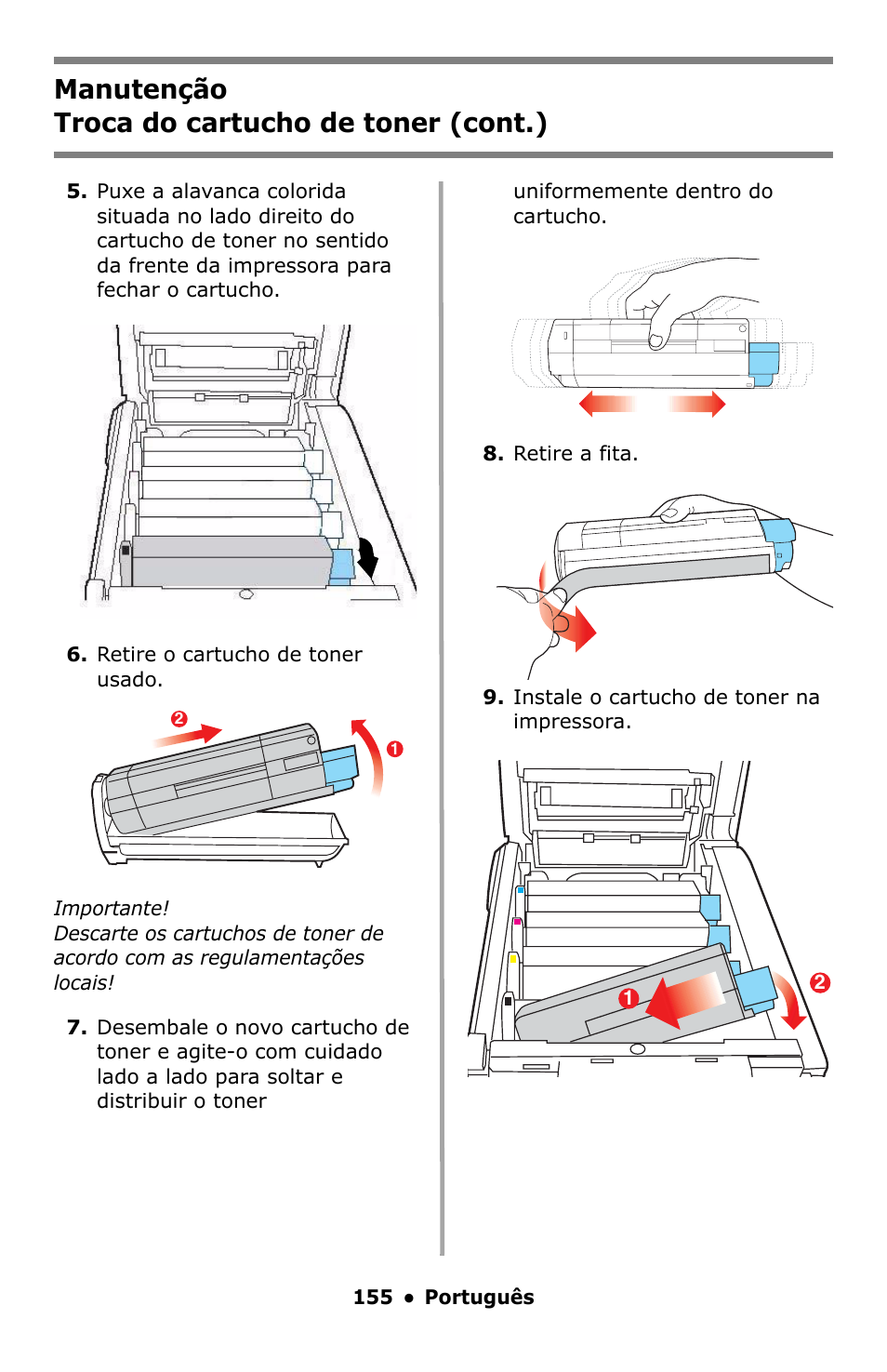Manutenção troca do cartucho de toner (cont.) | Oki C5550 MFP User Manual | Page 155 / 167