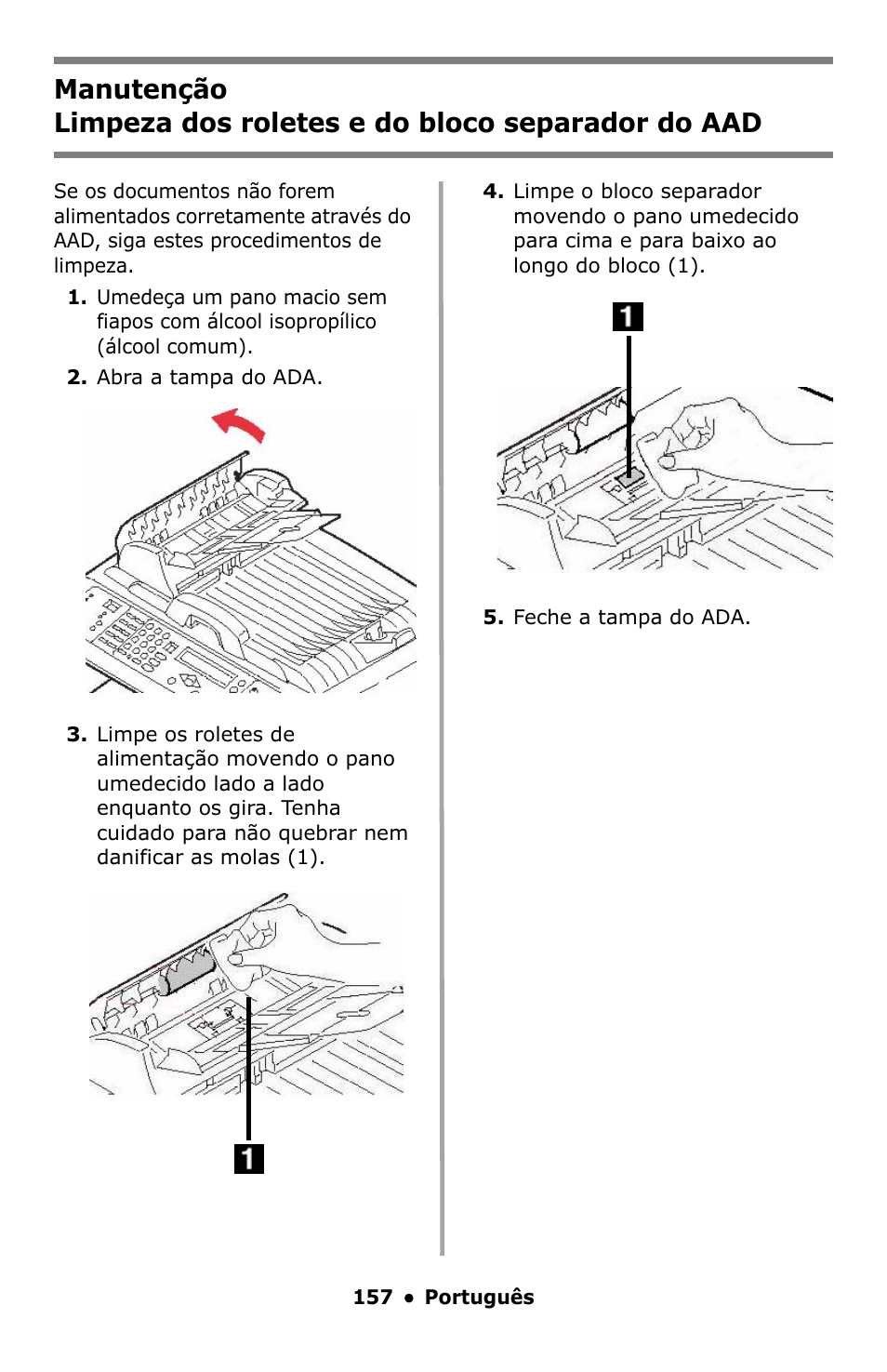 Limpeza dos roletes e do bloco separador do aad | Oki C5550 MFP User Manual | Page 157 / 167