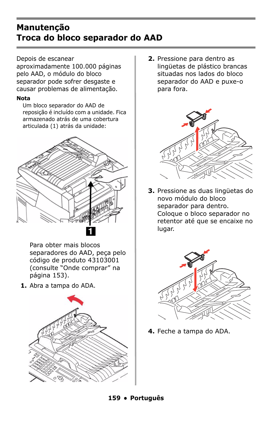 Troca do bloco separador do aad, Manutenção troca do bloco separador do aad | Oki C5550 MFP User Manual | Page 159 / 167