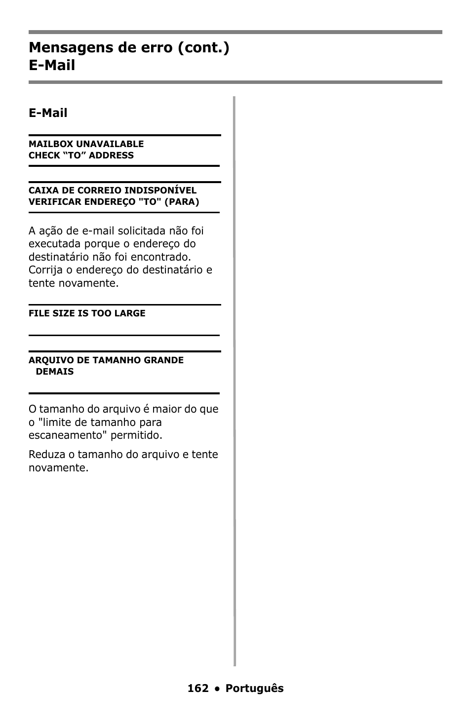 Mensagens de erro (cont.) e-mail | Oki C5550 MFP User Manual | Page 162 / 167