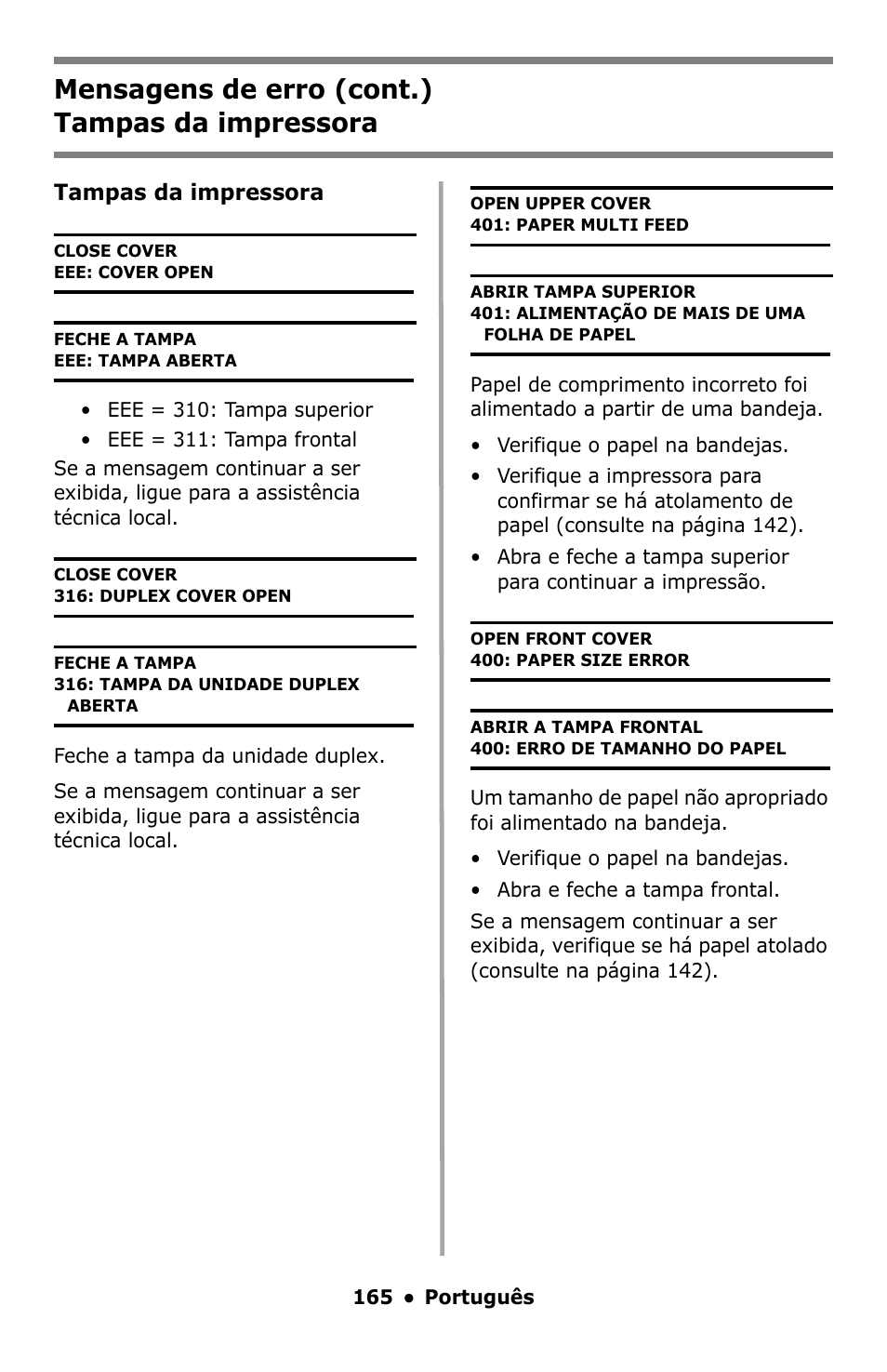 Mensagens de erro (cont.) tampas da impressora | Oki C5550 MFP User Manual | Page 165 / 167