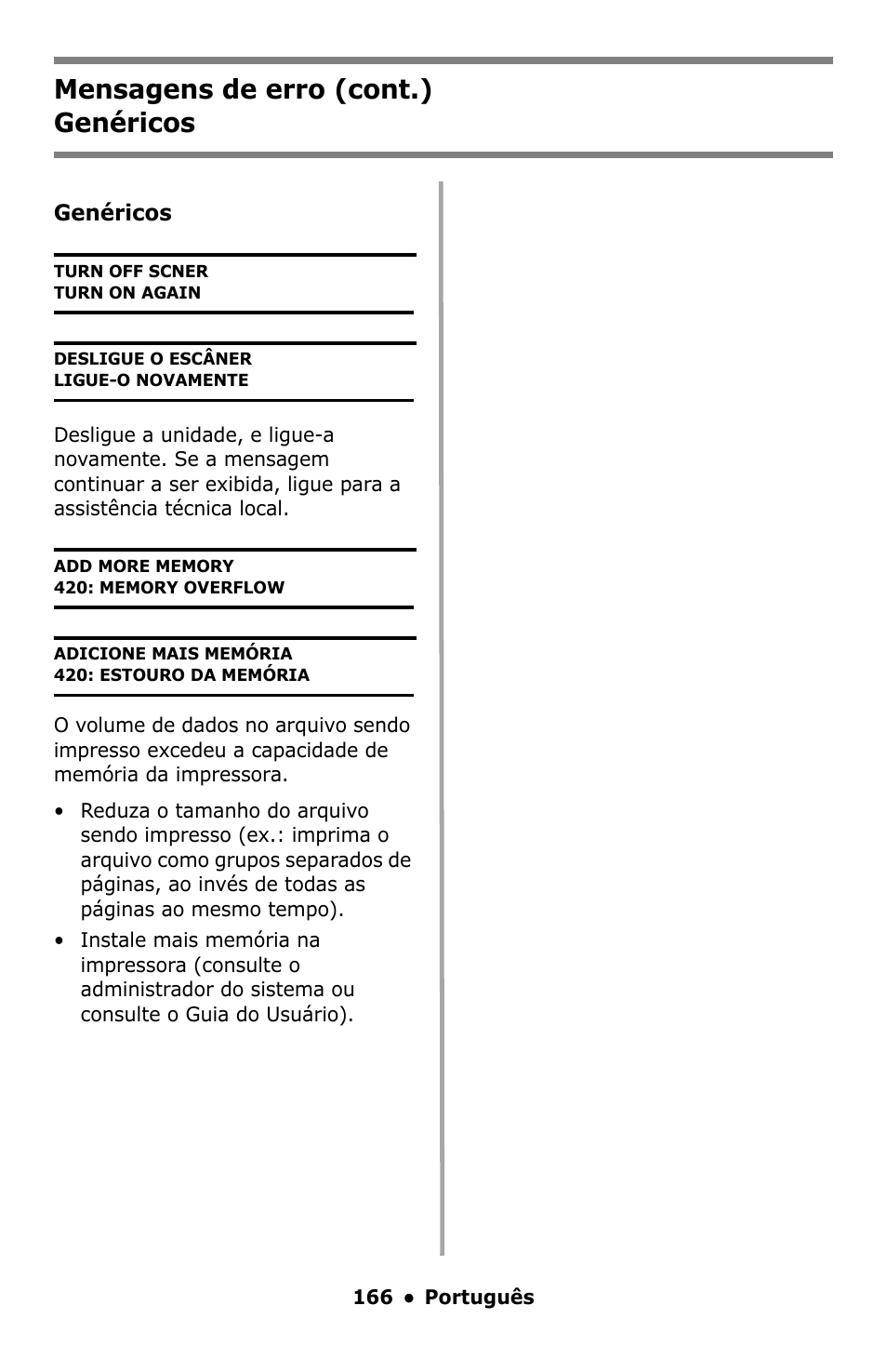 Mensagens de erro (cont.) genéricos | Oki C5550 MFP User Manual | Page 166 / 167