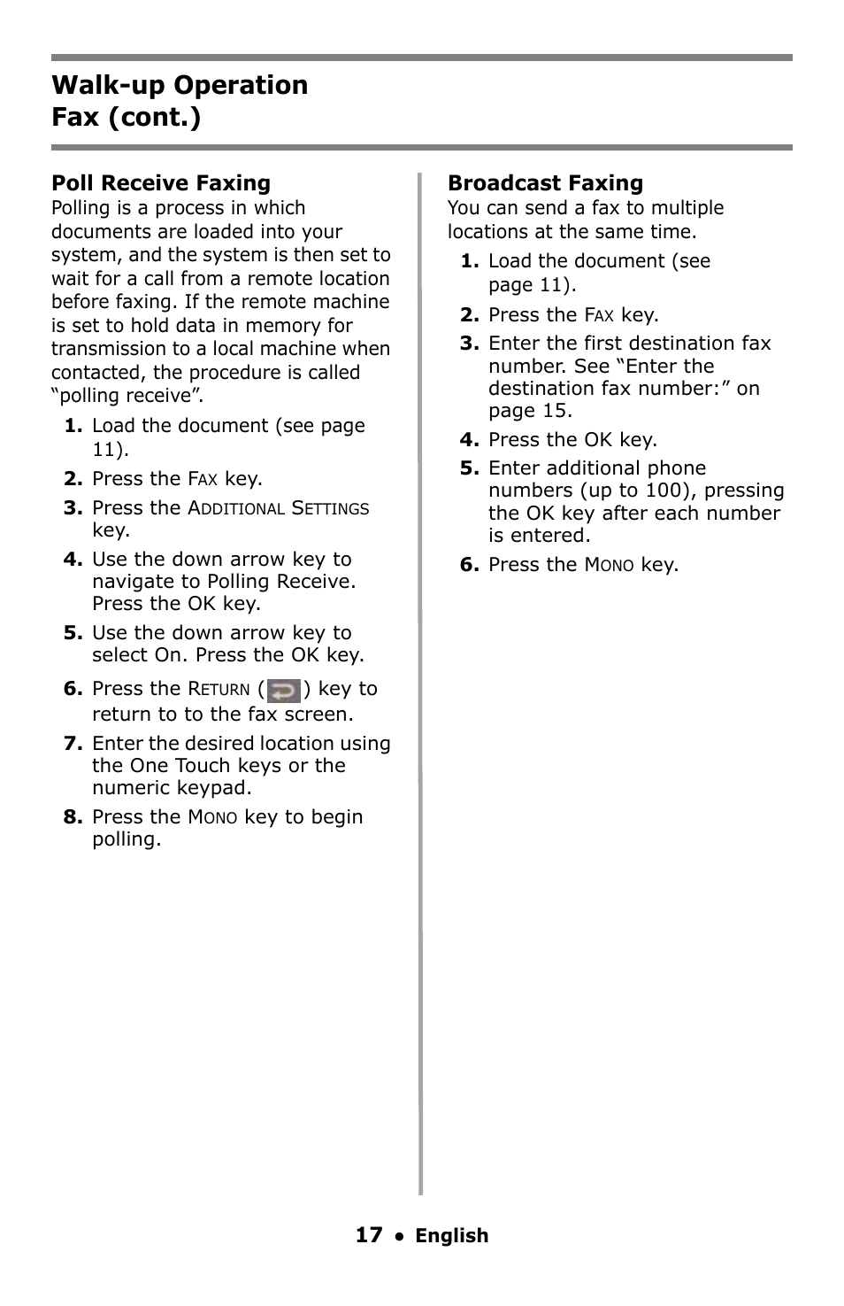 Walk-up operation fax (cont.) | Oki C5550 MFP User Manual | Page 17 / 167