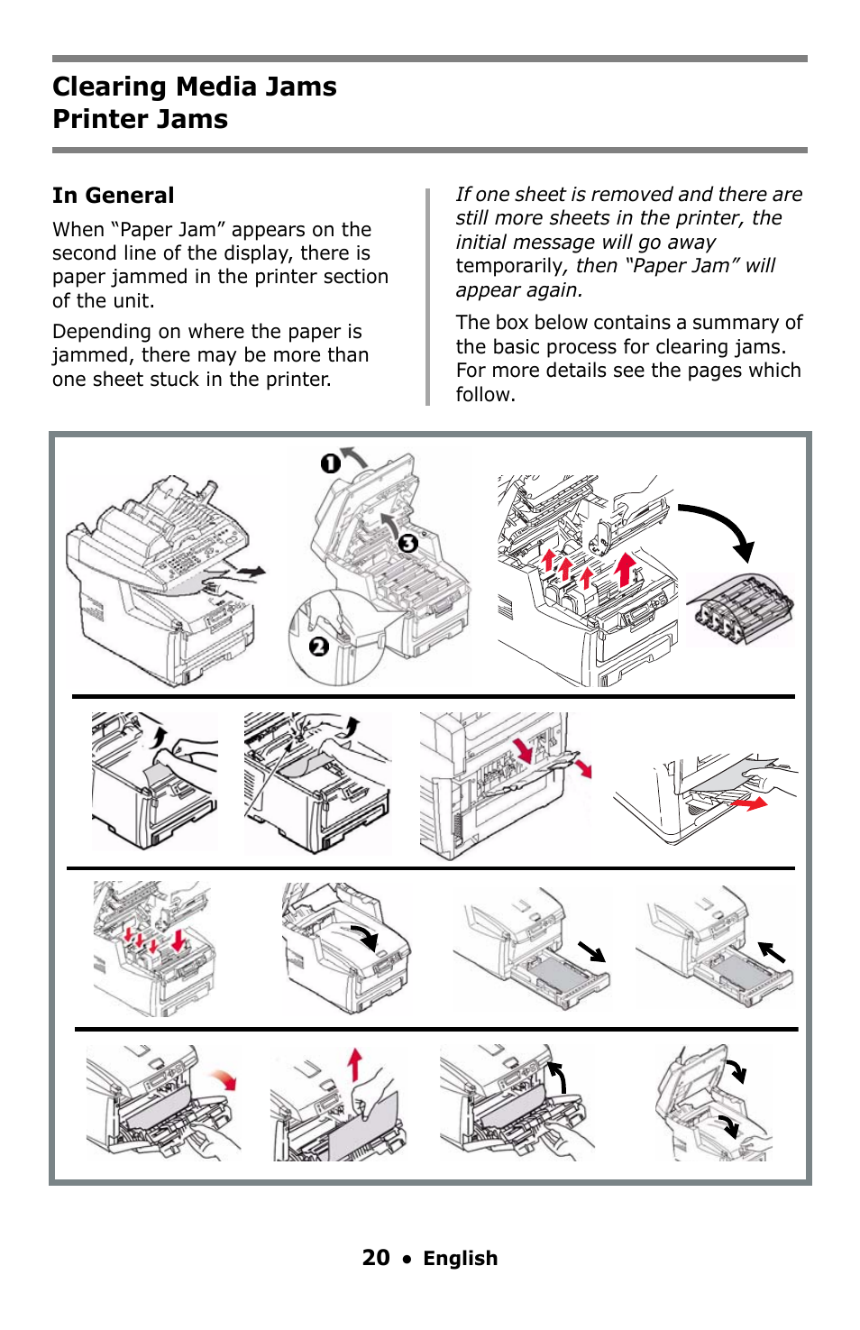 Printer jams, Clearing media jams printer jams | Oki C5550 MFP User Manual | Page 20 / 167