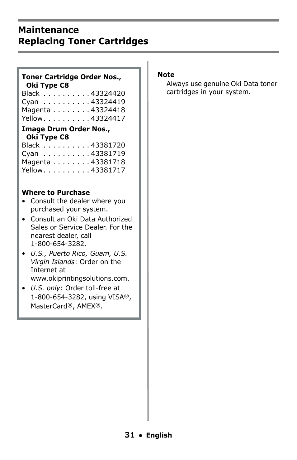 Maintenance, Replacing toner cartridges, Maintenance replacing toner cartridges | Oki C5550 MFP User Manual | Page 31 / 167