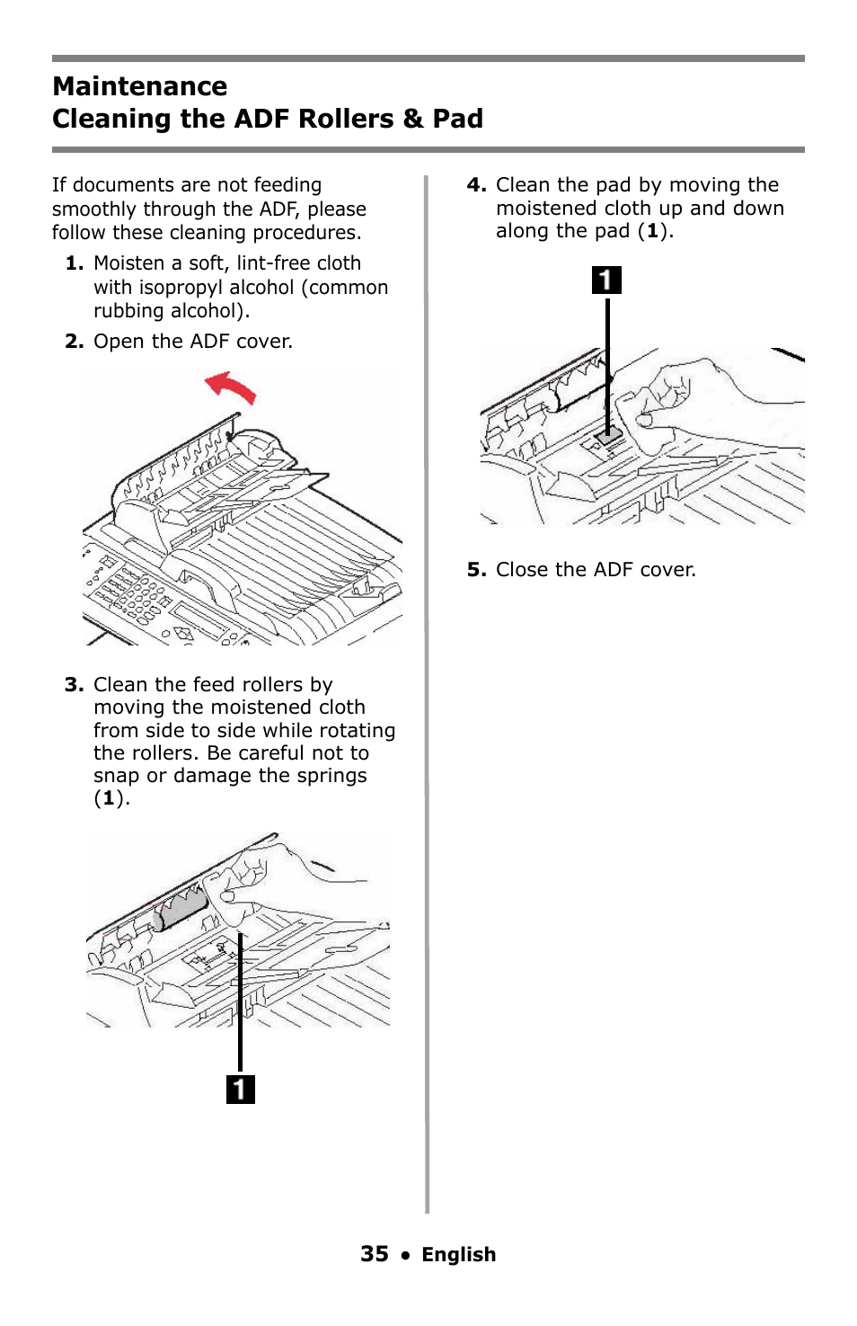 Cleaning the adf rollers & pad, Maintenance cleaning the adf rollers & pad | Oki C5550 MFP User Manual | Page 35 / 167