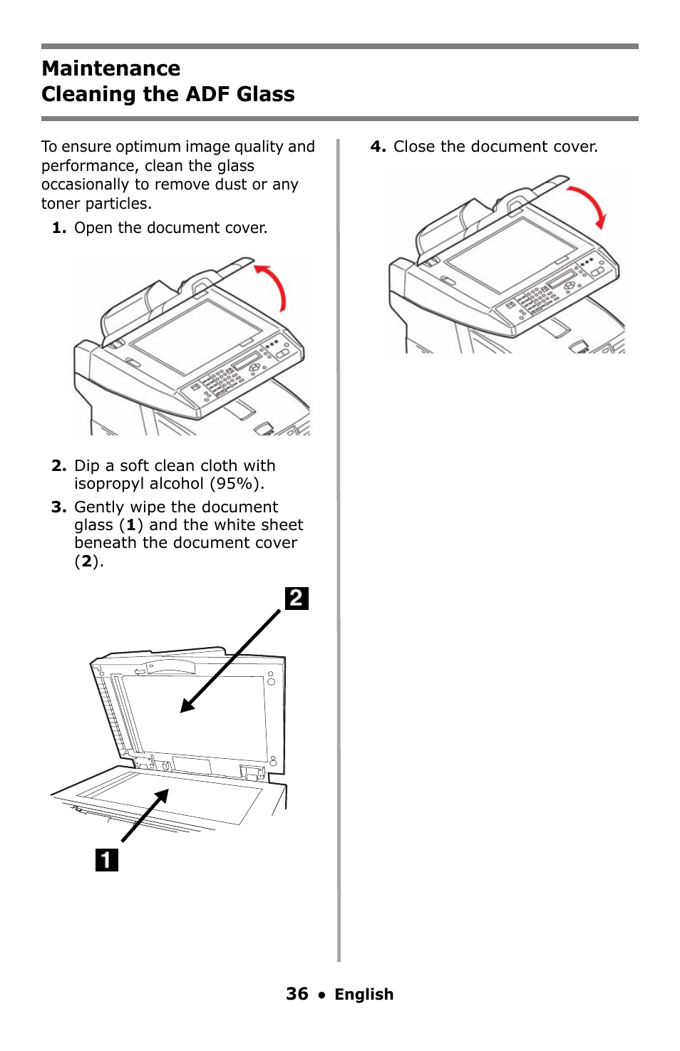 Cleaning the adf glass, Maintenance cleaning the adf glass | Oki C5550 MFP User Manual | Page 36 / 167