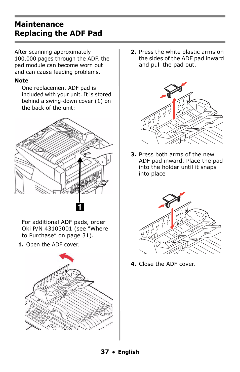 Replacing the adf pad, Maintenance replacing the adf pad | Oki C5550 MFP User Manual | Page 37 / 167