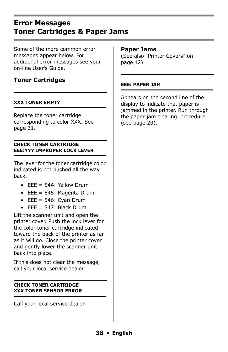 Error messages, Error messages toner cartridges & paper jams | Oki C5550 MFP User Manual | Page 38 / 167