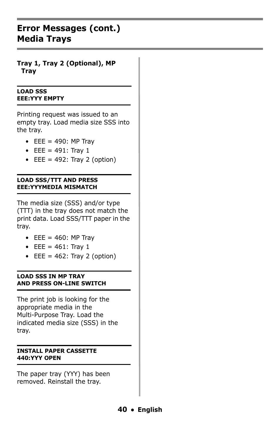 Error messages (cont.) media trays | Oki C5550 MFP User Manual | Page 40 / 167
