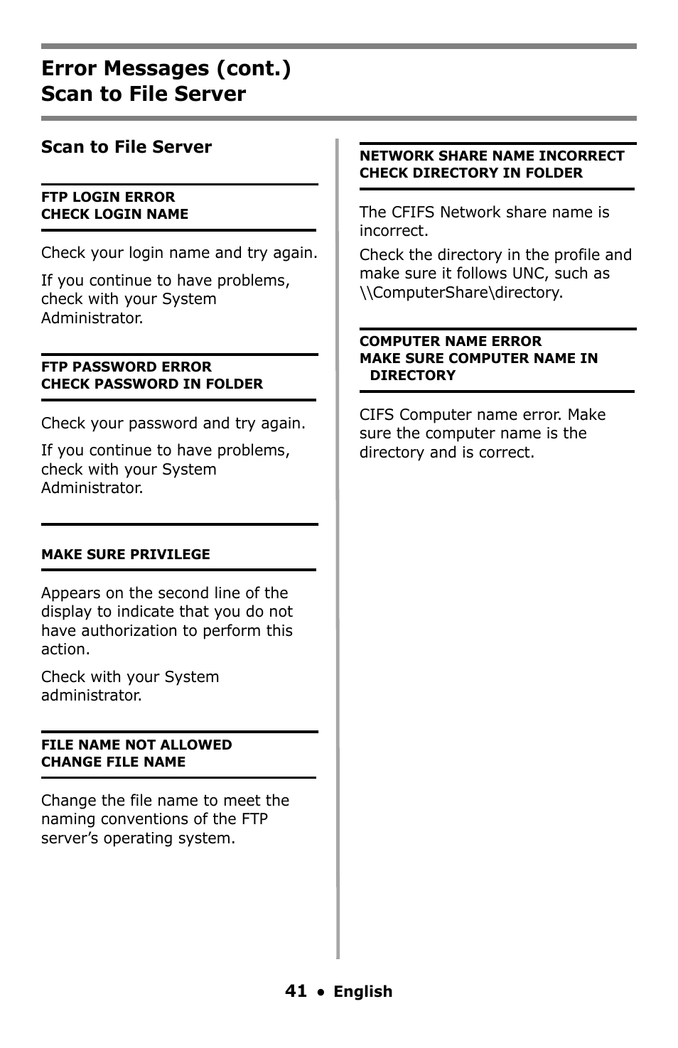 Error messages (cont.) scan to file server | Oki C5550 MFP User Manual | Page 41 / 167