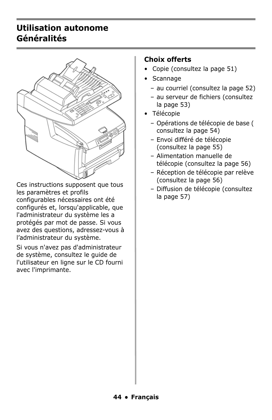 Français, Utilisation autonome, Généralités | Utilisation autonome généralités | Oki C5550 MFP User Manual | Page 44 / 167