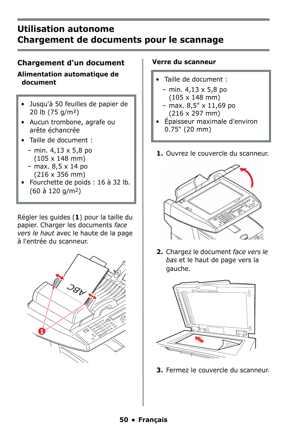 Chargement de documents pour le scannage | Oki C5550 MFP User Manual | Page 50 / 167