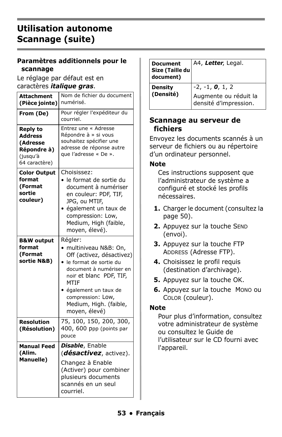 Rs (consultez, Utilisation autonome scannage (suite), Scannage au serveur de fichiers | Oki C5550 MFP User Manual | Page 53 / 167