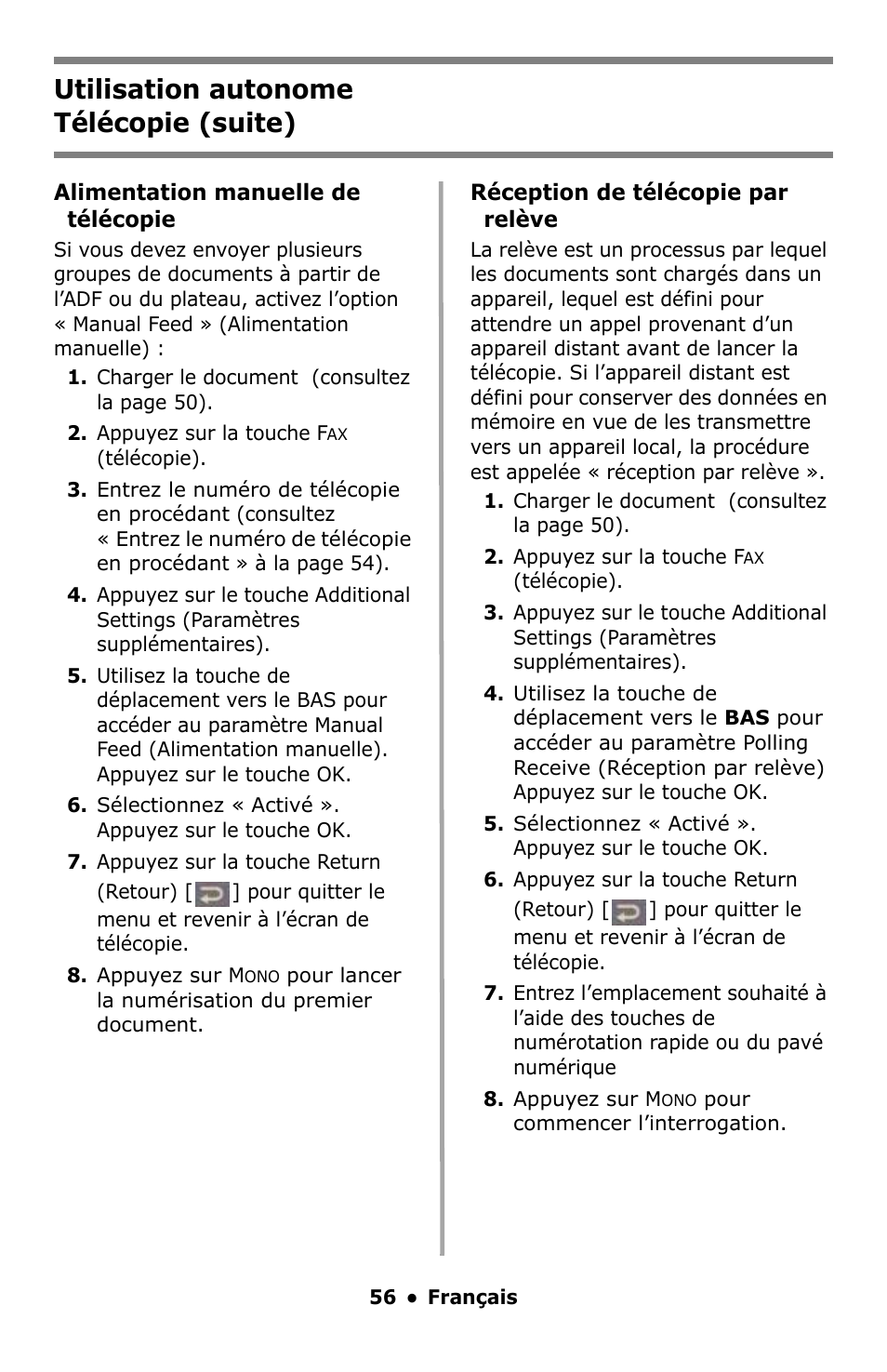 Utilisation autonome télécopie (suite) | Oki C5550 MFP User Manual | Page 56 / 167