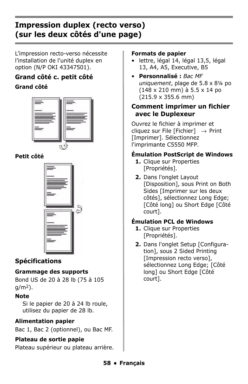 Impression duplex (recto verso) | Oki C5550 MFP User Manual | Page 58 / 167