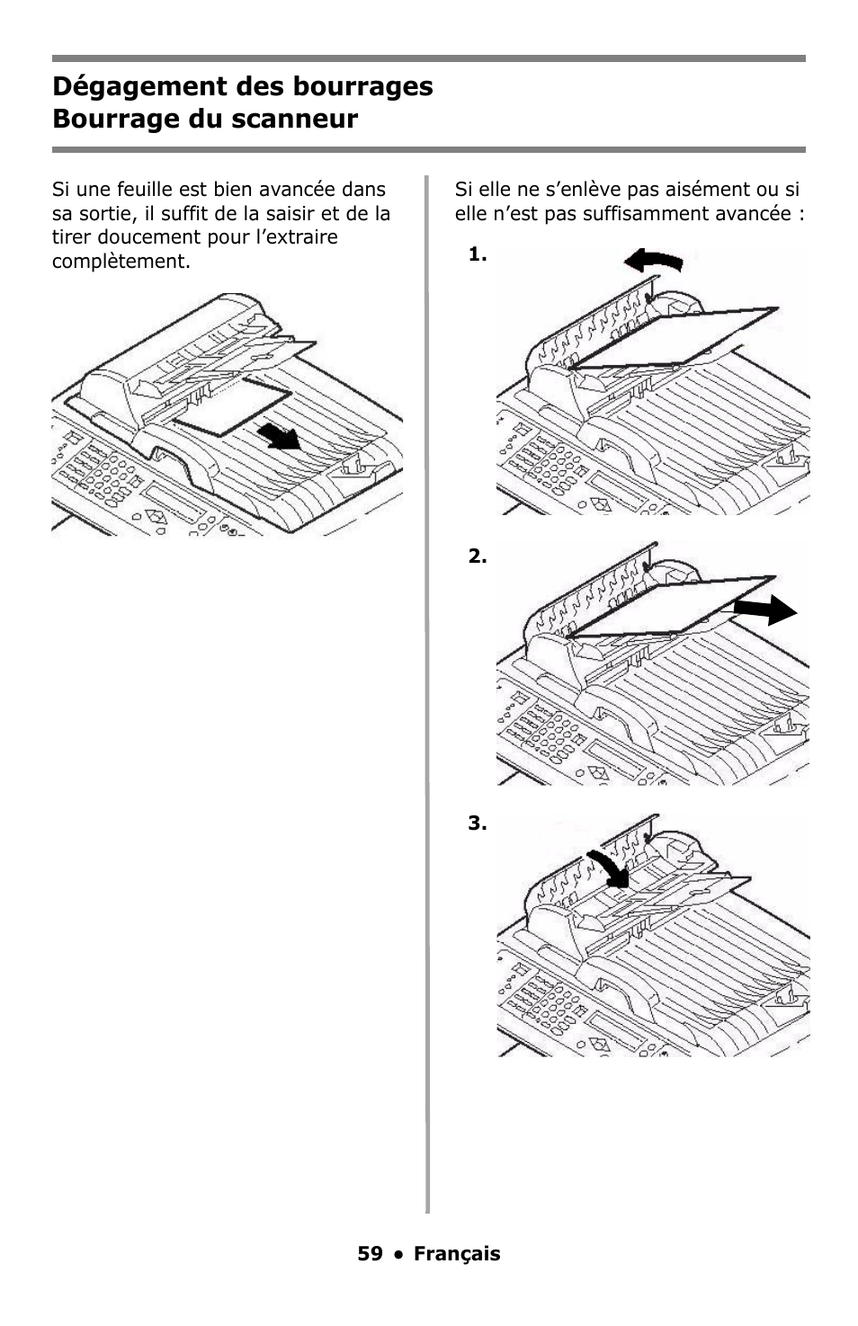 Dégagement des bourrages, Bourrage du scanneur, Dégagement des bourrages bourrage du scanneur | Oki C5550 MFP User Manual | Page 59 / 167