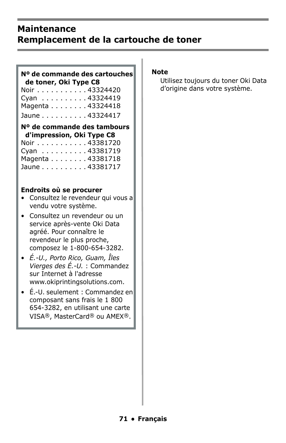 Maintenance, Remplacement de la cartouche de toner, Maintenance remplacement de la cartouche de toner | Oki C5550 MFP User Manual | Page 71 / 167