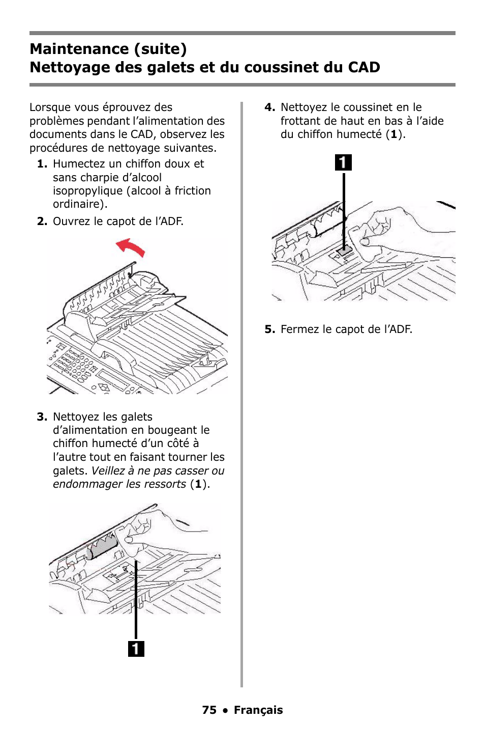 Nettoyage des galets et du coussinet du cad | Oki C5550 MFP User Manual | Page 75 / 167