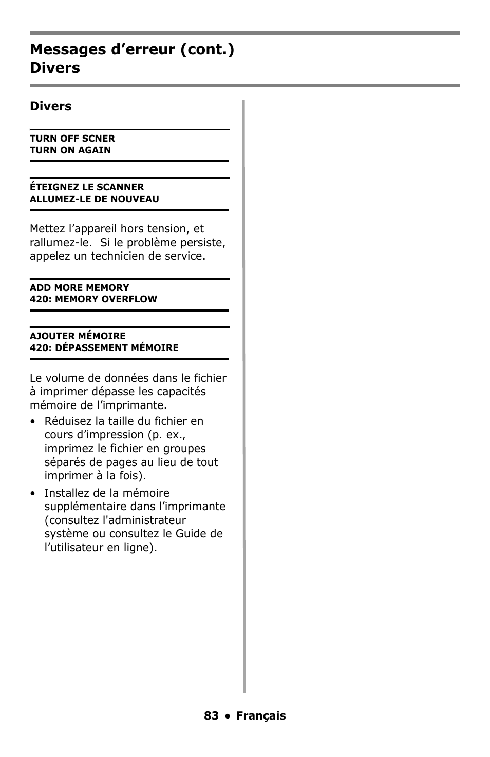 Messages d’erreur (cont.) divers | Oki C5550 MFP User Manual | Page 83 / 167