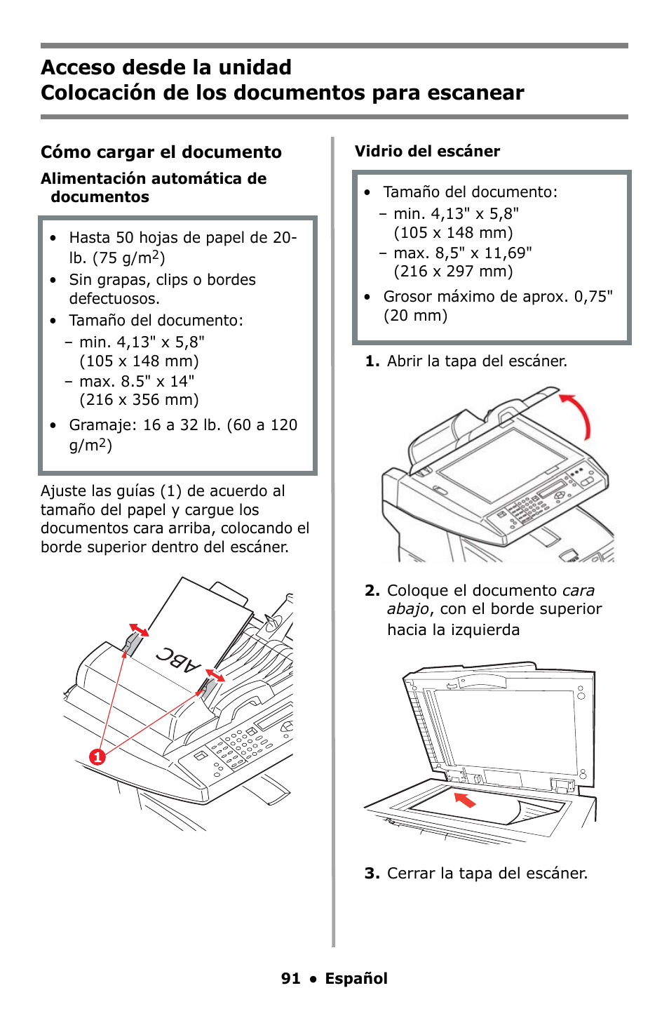 Colocación de los documentos para escanear | Oki C5550 MFP User Manual | Page 91 / 167