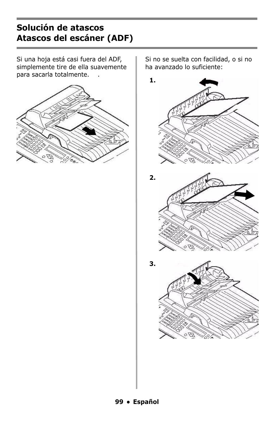 Solución de atascos, Atascos del escáner (adf), Solución de atascos atascos del escáner (adf) | Oki C5550 MFP User Manual | Page 99 / 167