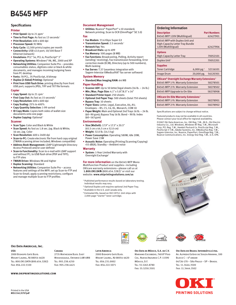 B4545 mfp, Ordering information, Specifications | Oki B 4545 MFP User Manual | Page 4 / 4