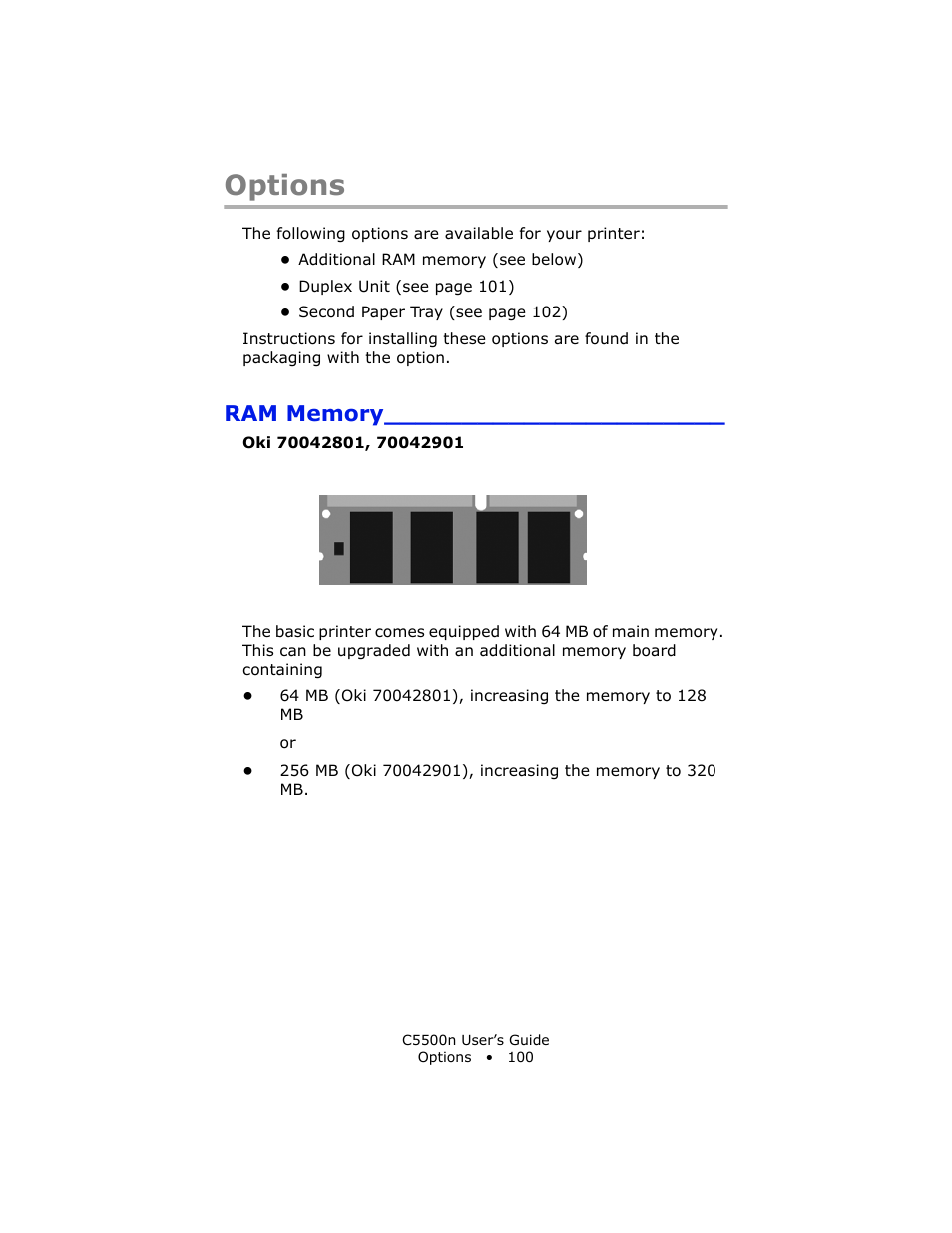 Options, Ram memory | Oki C 5500n User Manual | Page 100 / 250