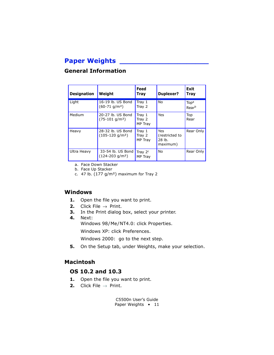 Paper weights, General information, Windows | Macintosh, Os 10.2 and 10.3, General information windows | Oki C 5500n User Manual | Page 11 / 250