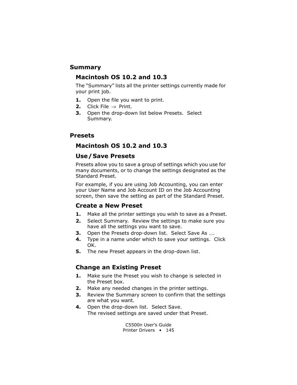 Summary, Macintosh os 10.2 and 10.3, Presets | Use / save presets, Create a new preset, Change an existing preset, Preset. see “presets” on | Oki C 5500n User Manual | Page 145 / 250