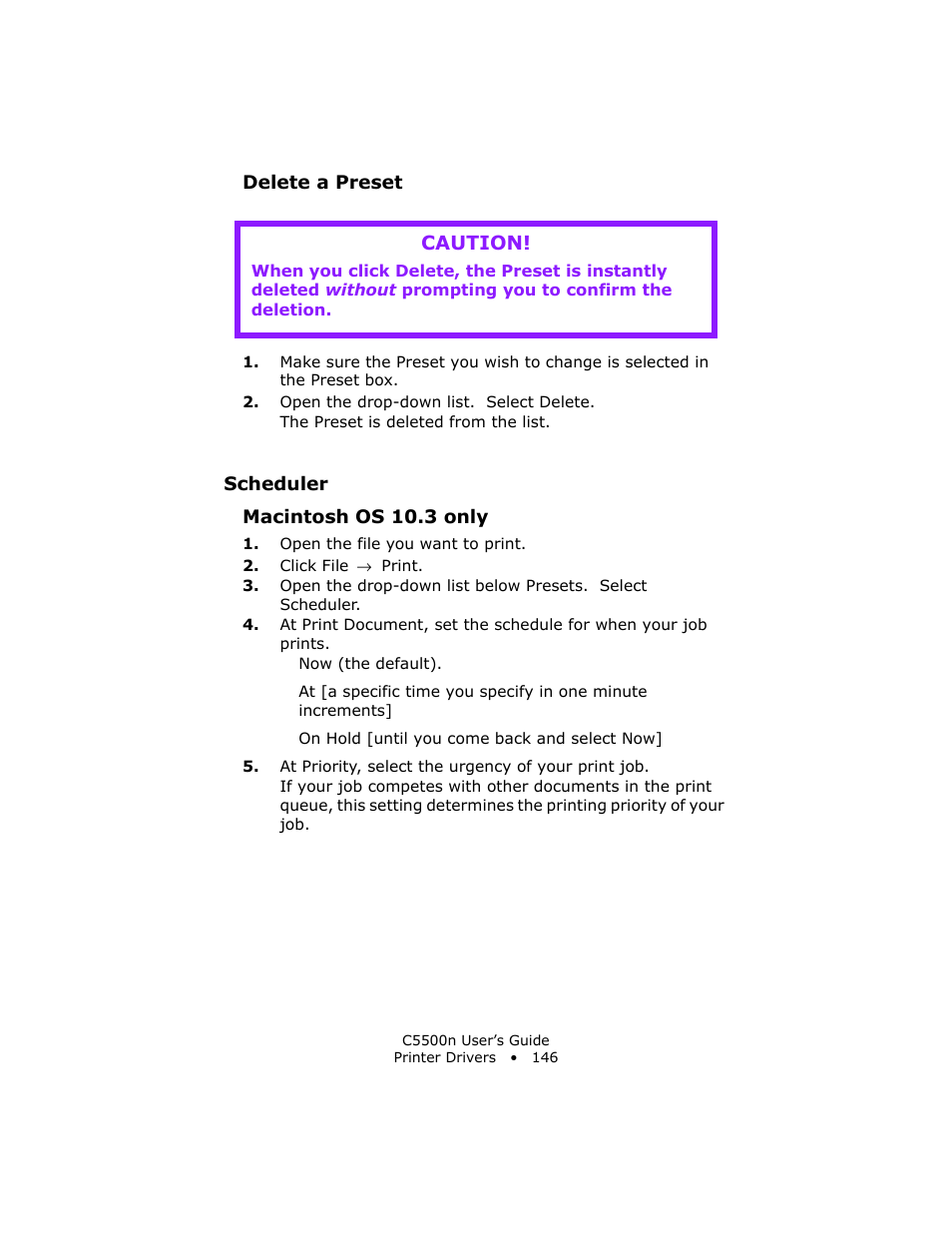 Delete a preset, Scheduler, Macintosh os 10.3 only | Caution | Oki C 5500n User Manual | Page 146 / 250
