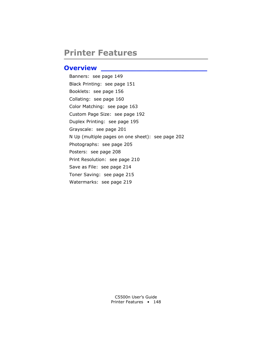 Printer features, Overview | Oki C 5500n User Manual | Page 148 / 250