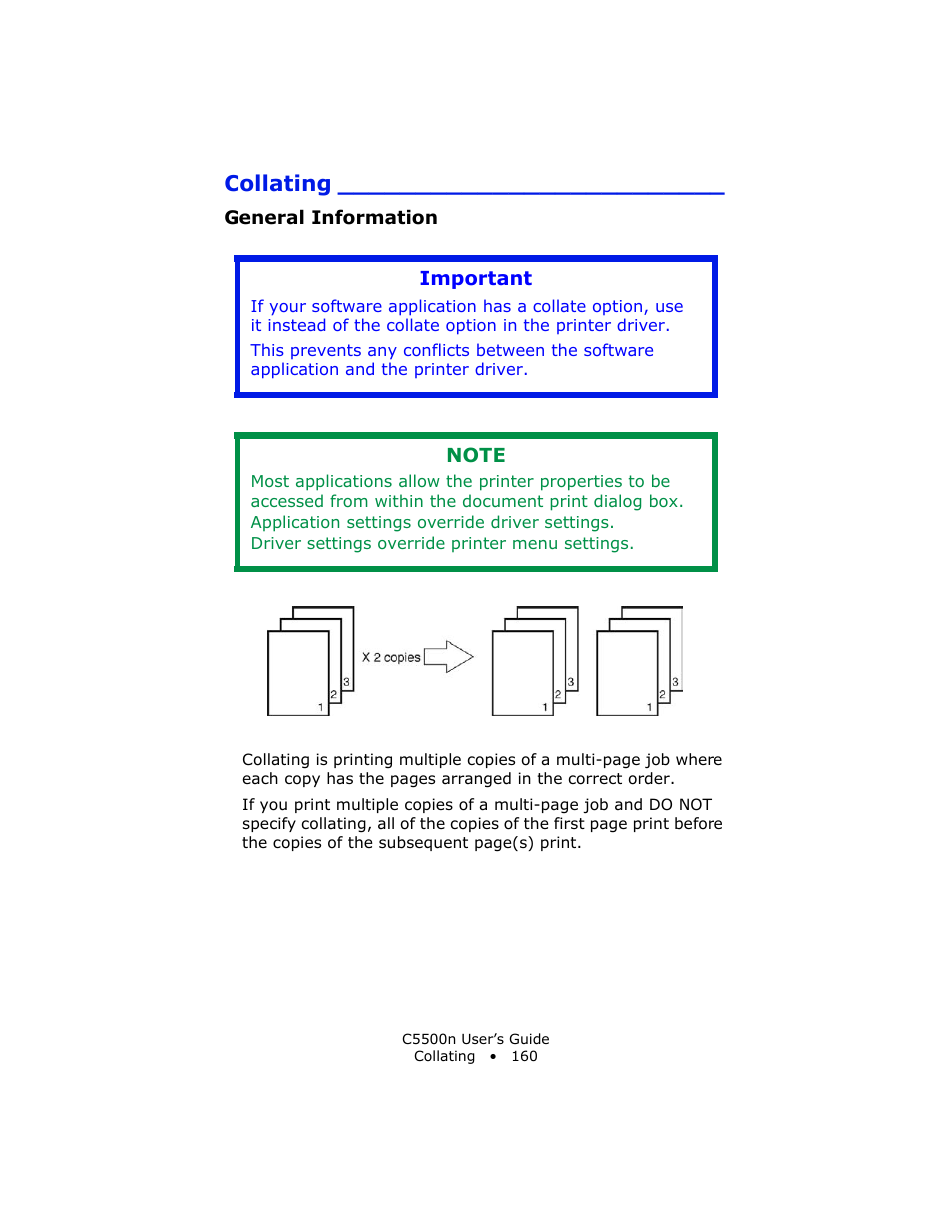 Collating, General information, Important | Oki C 5500n User Manual | Page 160 / 250