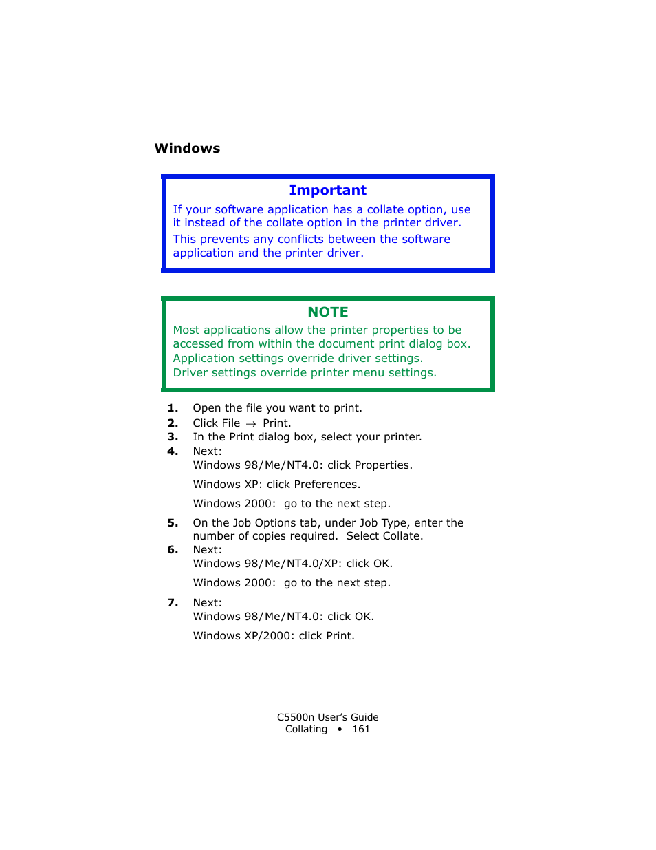 Windows, Important | Oki C 5500n User Manual | Page 161 / 250