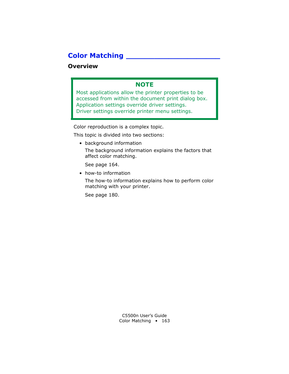 Color matching, Overview | Oki C 5500n User Manual | Page 163 / 250