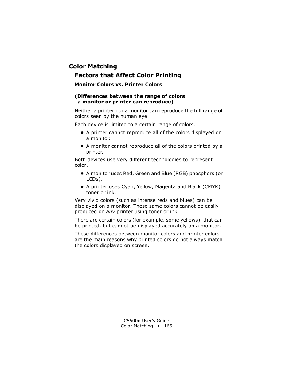Monitor colors vs. printer colors | Oki C 5500n User Manual | Page 166 / 250
