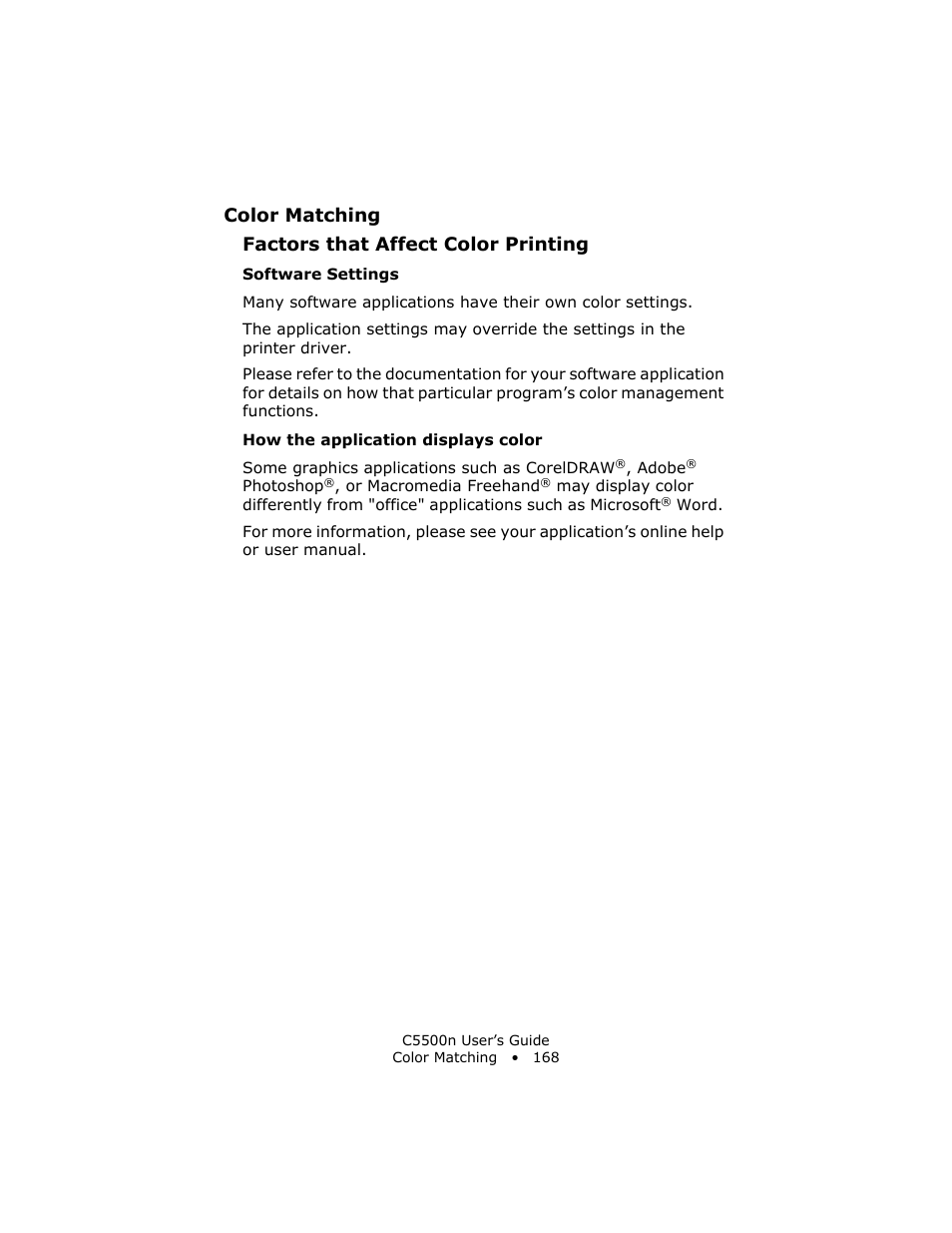 Software settings, How the application displays color, R see | Color matching factors that affect color printing | Oki C 5500n User Manual | Page 168 / 250