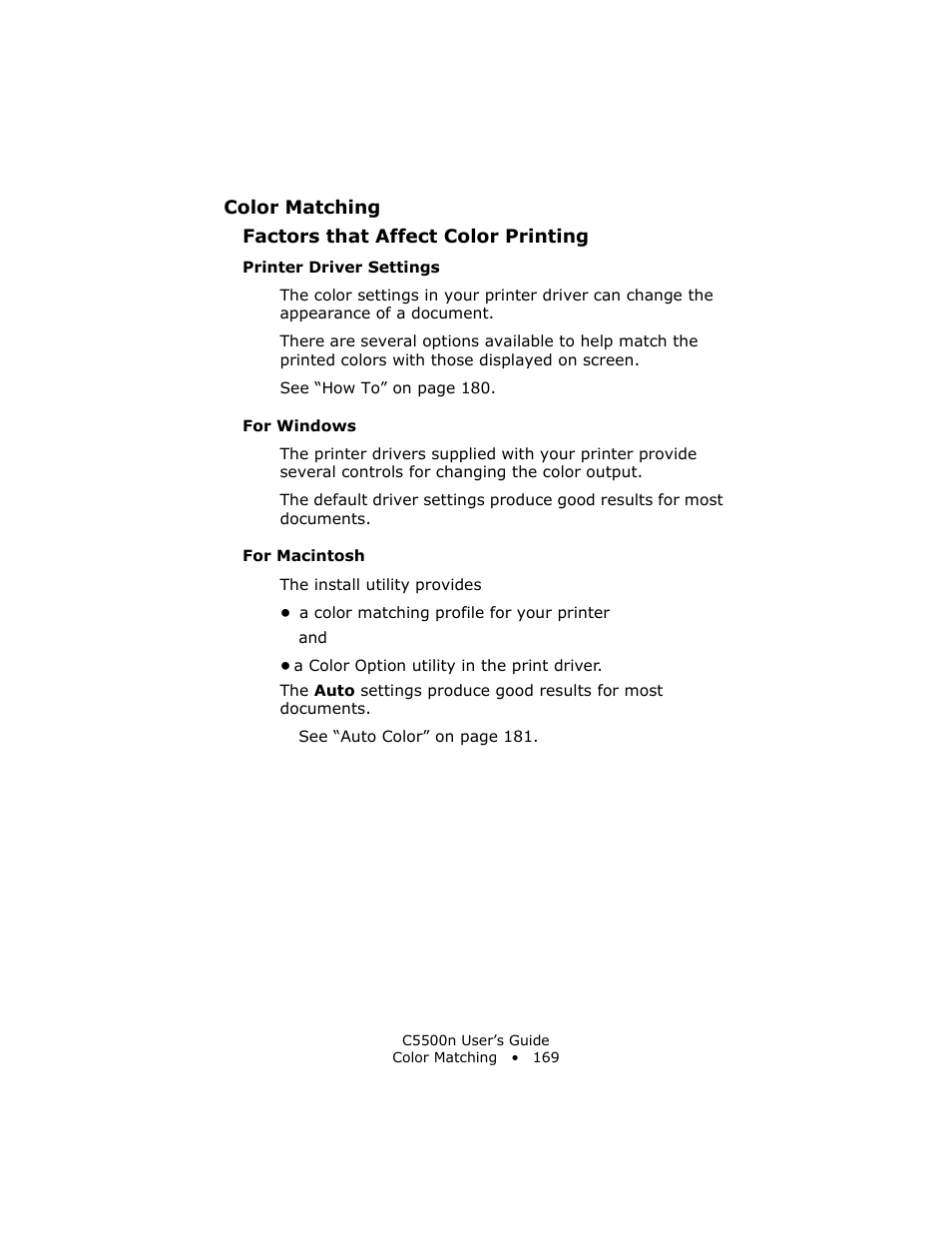 Printer driver settings, For windows, For macintosh | Oki C 5500n User Manual | Page 169 / 250