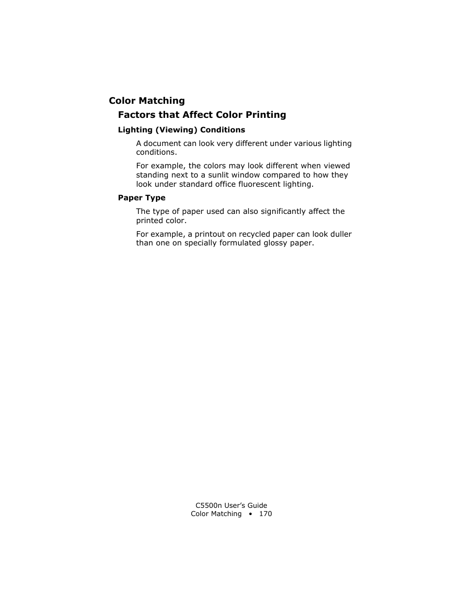 Lighting (viewing) conditions, Paper type | Oki C 5500n User Manual | Page 170 / 250